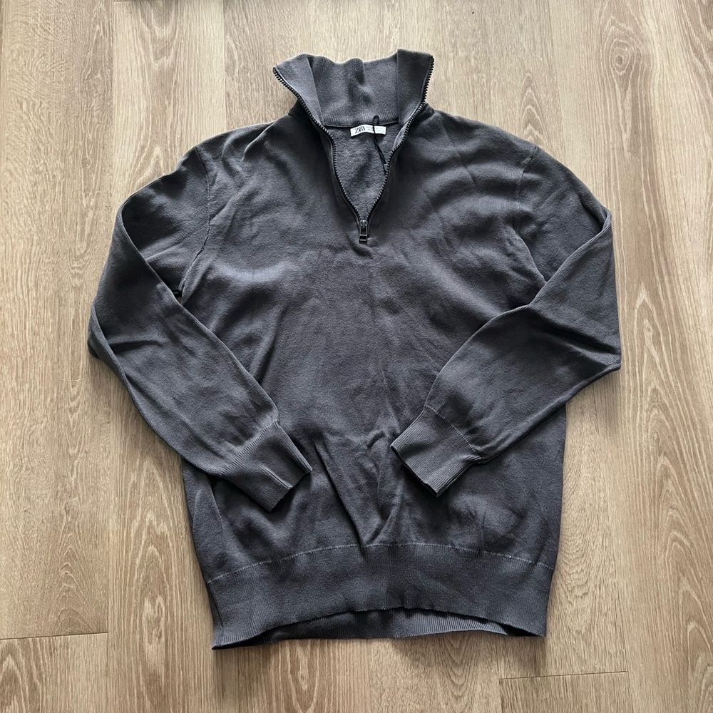 Zara Mens Quarter Zip Sweater Gray Pullover Small